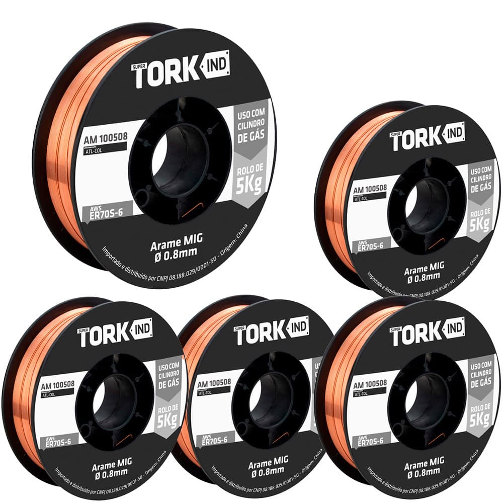 Kit Solda 5 Arame Sólido Cobreado para Solda 0,8mm 5kg Cada Super Tork