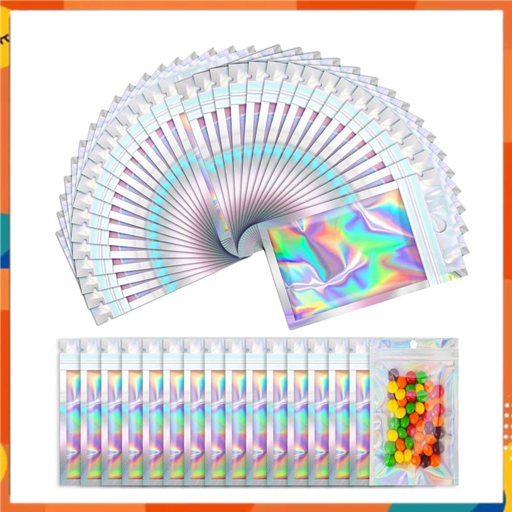 50-200 sacos holográficos de poliéster, joias, embalagens seladas para presente, transparente de um lado, 5*6.5cm