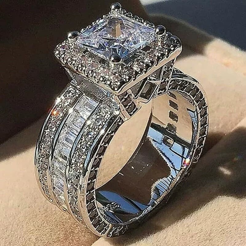 Anel de Prata Feminino com Design Geométrico Elegante e Diamante Incrustado, Ideal para Noivado e Casamento XP97