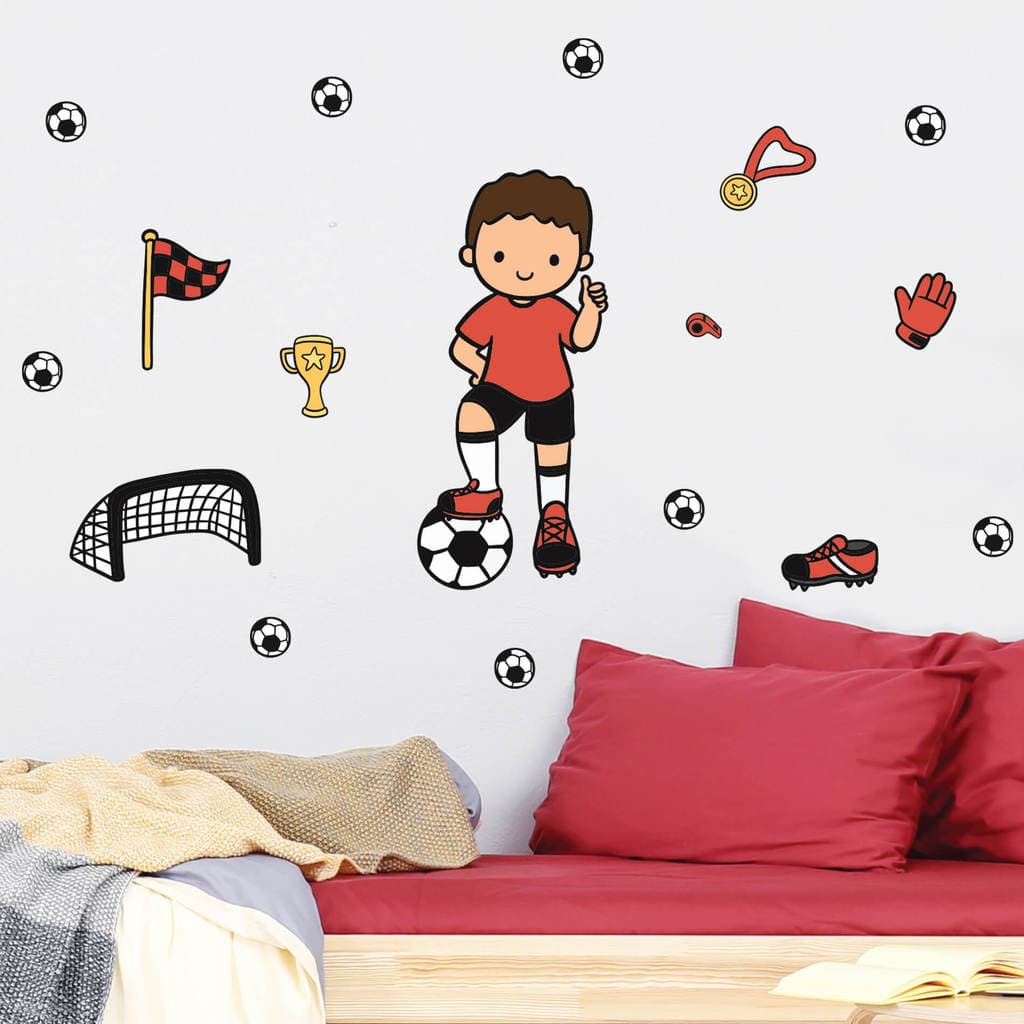Adesivo de Parede Infantil Menino Futebol Vermelho - 17 adesivos