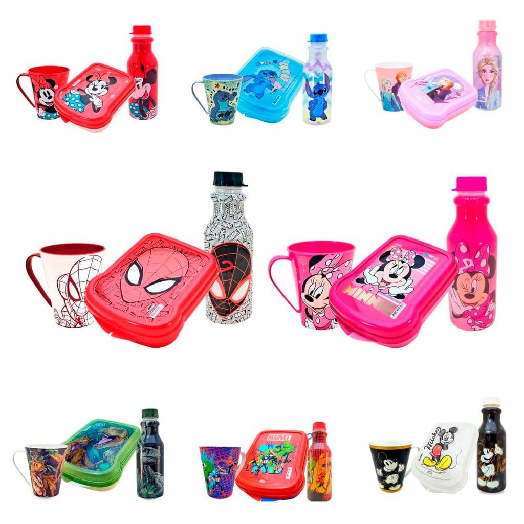Kit Trio Escolar Infantil Garrafinha 500ml Retrô, Caneca 360ml e Sanduicheira Plasútil