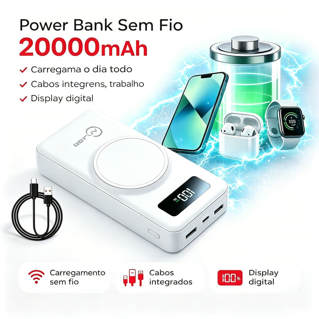 Power Bank 20000mAh Carregador 22.5W PD Rápido Indução Sem fio Android IOS Cabos 4 Em1 Com fio