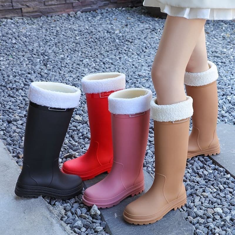 Mulheres outono inverno tubo alto grão grosso antiderrapante resistente ao desgaste quente botas de chuva impermeáveis