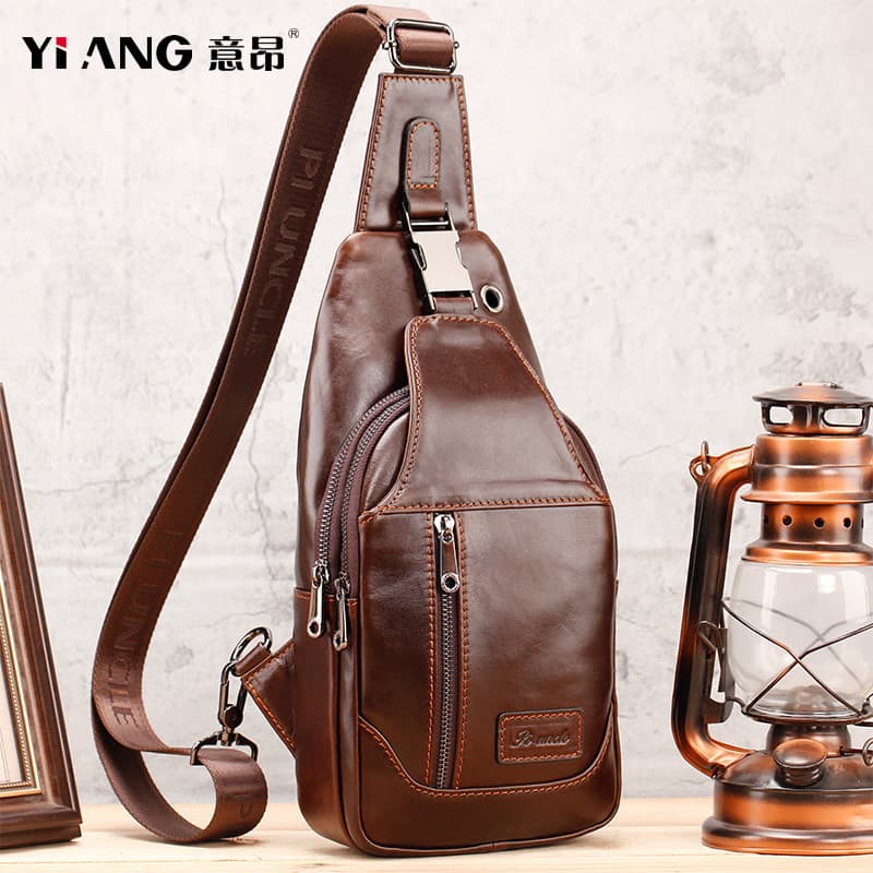 Bolsa de peito masculina de couro genuíno, bolsa mensageiro, bolsa de peito de primeira camada, bolsa de ombro leve, cou
