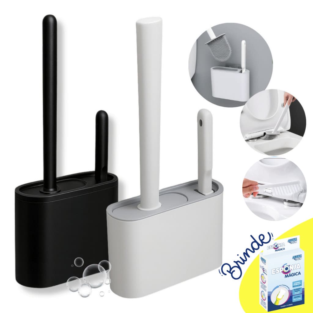 Escova Sanitária para Vaso Sanitário de Silicone com Suporte de Drenagem e Brinde Esponja Mágica
