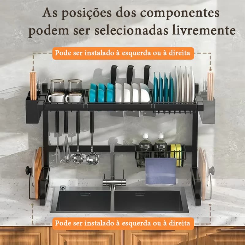 Escorredor Rack de Cozinha Organizador Pia Aço Inoxidável Grande capacidade 65cm Preto