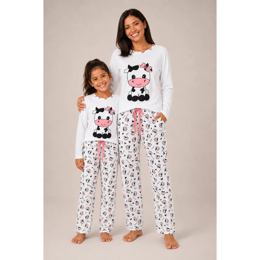 Kit Mãe E Filha Pijama Vaquinha Inverno Suede Manga Longa Feminina Roupa de Dormir Frio