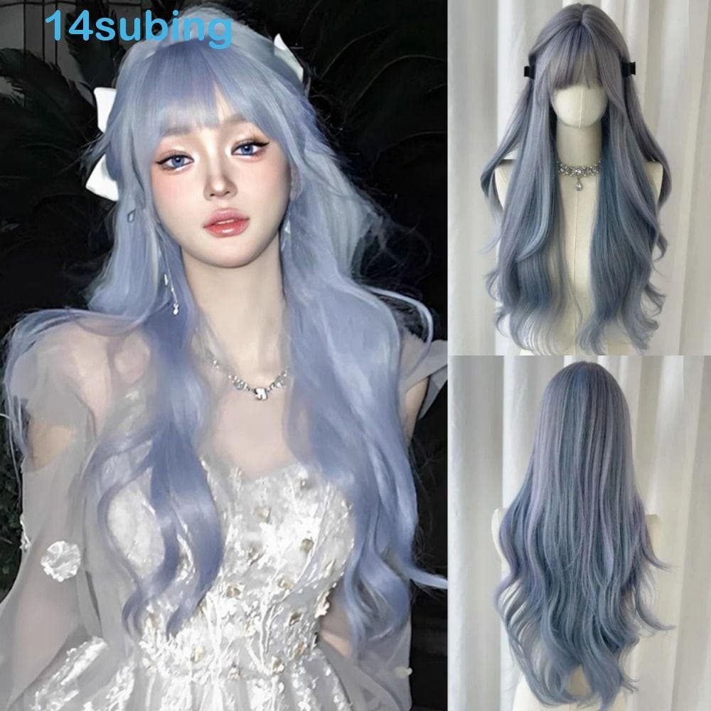 SUBING Perucas Cosplay Azuis Com Franja , De Ar , Cabelo Longo E Encaracolado De Halloween , Resistente Ao Calor