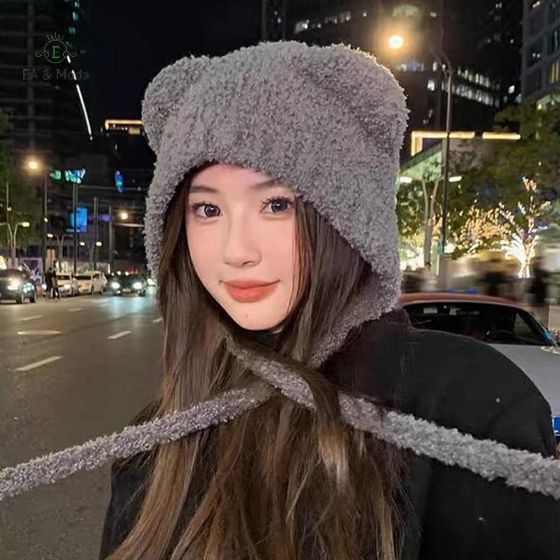 EA & Moda Outono E Inverno Bonito Urso Chapéu De Pelúcia Feminino Quente Lã Grande Circunferência Da Cabeça Proteção De