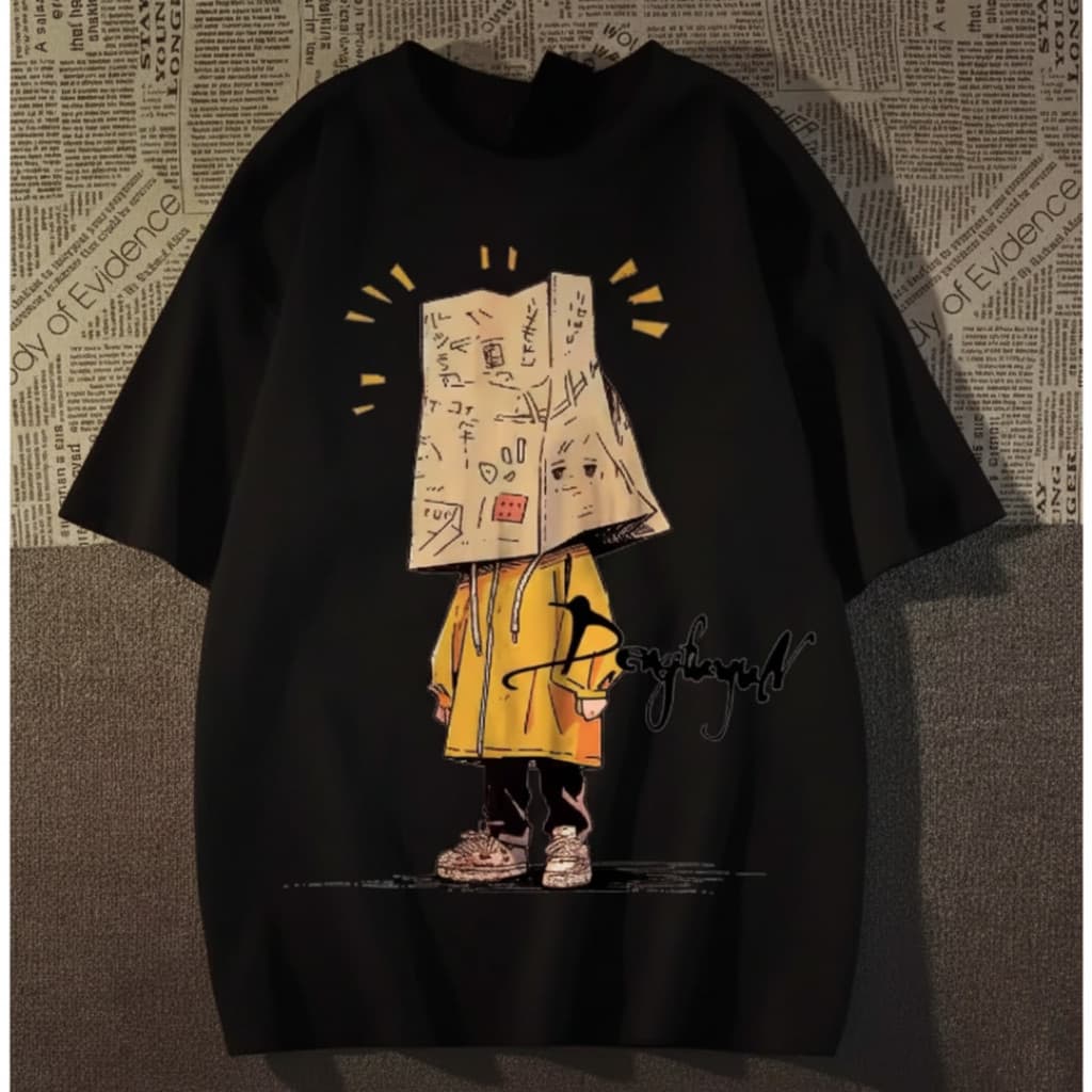Camiseta Masculina De Algodão Puro Estilo Streetwear Com Estampa Moderna De Personagem Em Formato De Caixa De Papelão