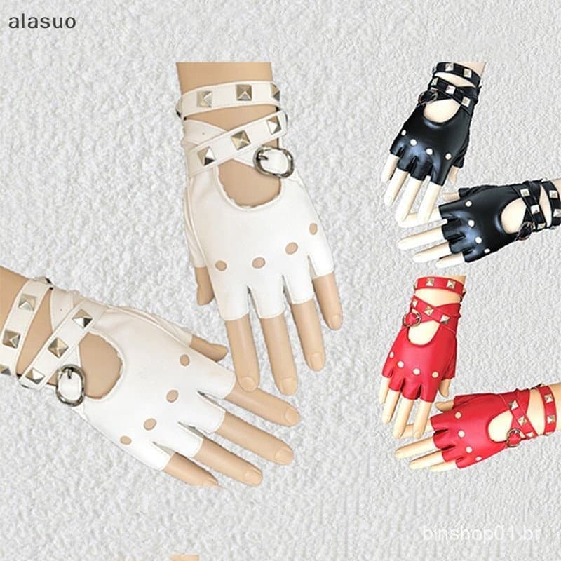[alasuo] Luvas De Couro Feminino Meia-Dedos Punk Rivets Cinto Party [BR]