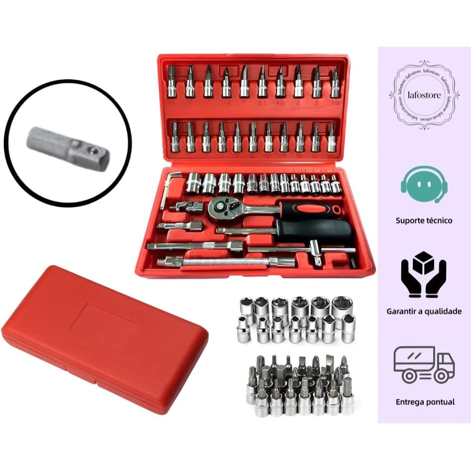 Kit Chaves Jogo Catraca Reversível Soquetes 46 Peças + Maleta