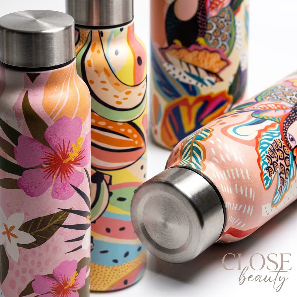 Garrafa de água Inox fwb estampada Floral e elementos Tropicais de Água 800 ml /Garrafa Aço Inox