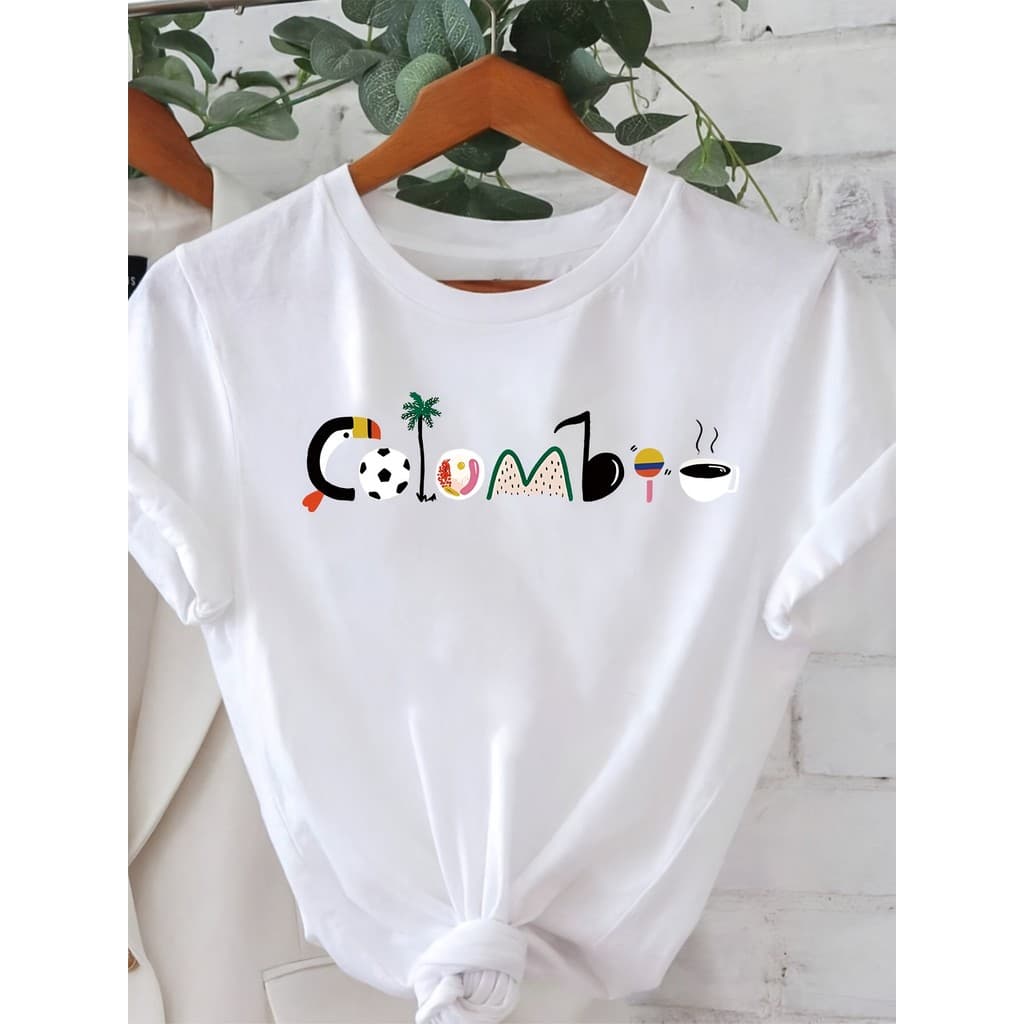 Camiseta Casual Feminina Copa do Mundo Colômbia Tropical Floral Bola de Futebol Colorida Torcida