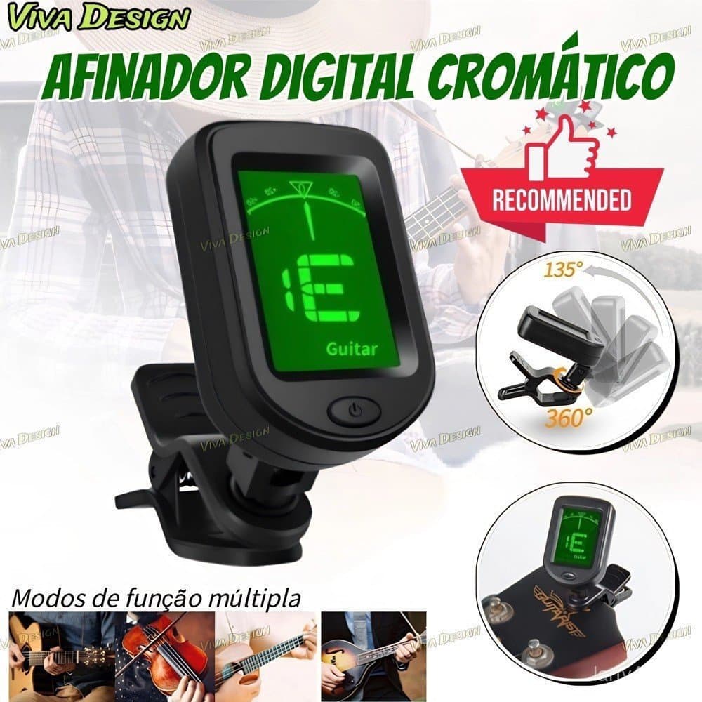 Afinador Digital Cromático de Clipe para Violino, Guitarra e Violão Acústico