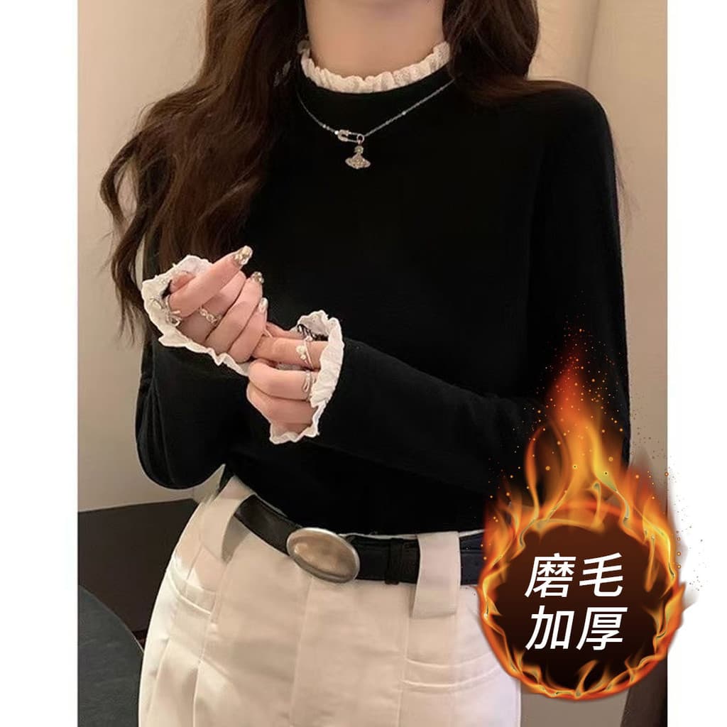 Renda costura meia gola alta camisa de fundo feminino outono inverno dupla face escovado fino-ajuste Design camisola jog