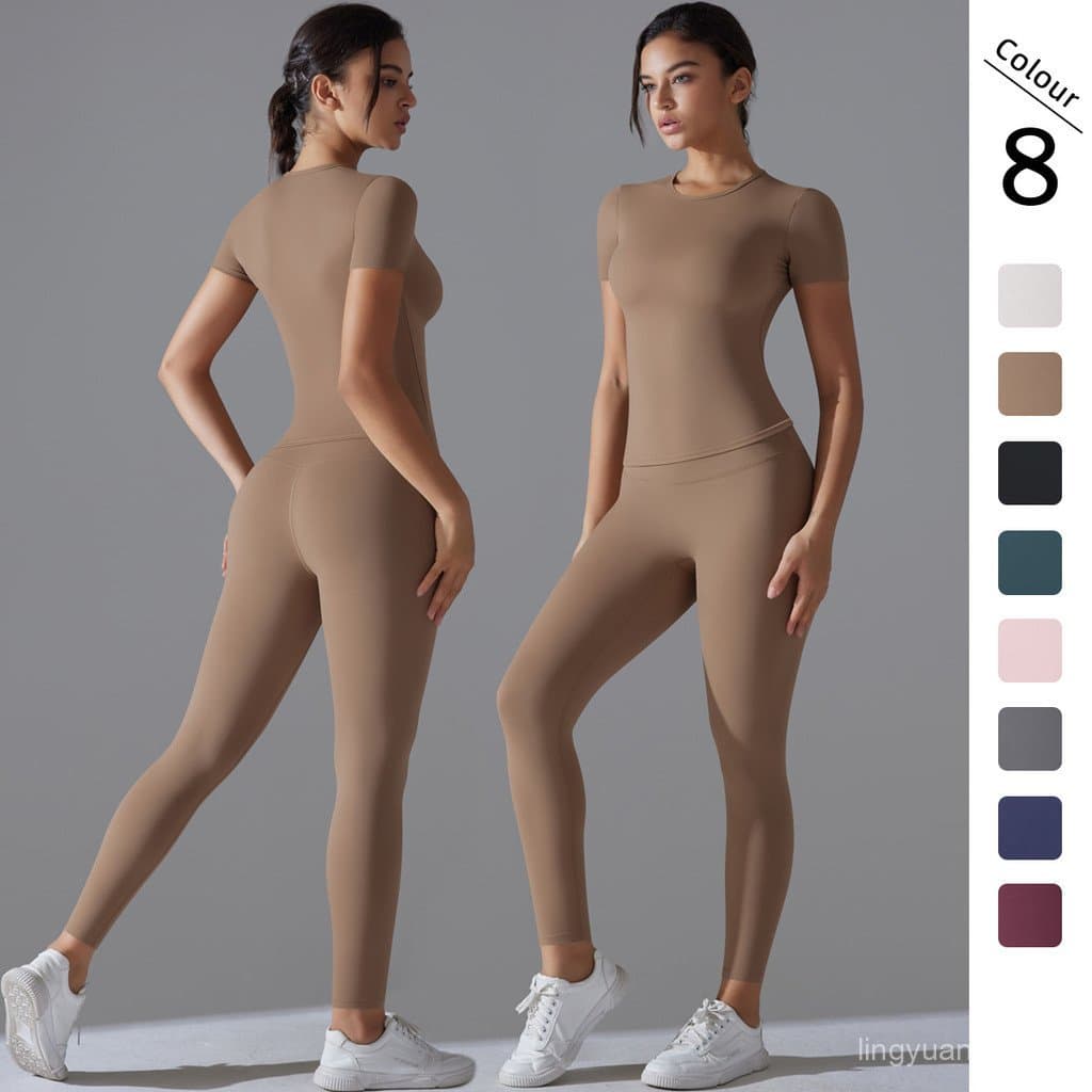 Conjunto de roupa de yoga de cor sólida, dupla face, com acabamento escovado, ajustado, de alta elasticidade e respiráve