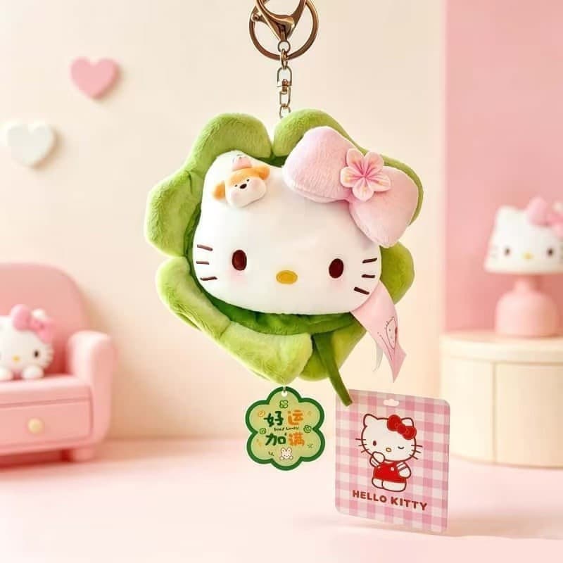 [Autêntico] Novo pingente de pelúcia Hello Kitty em formato de trevo de quatro folhas da Sanrio, criativo chaveiro Hello
