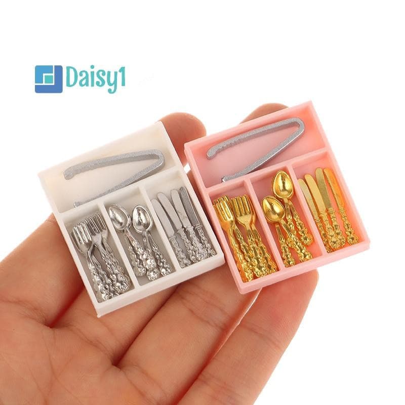 Heheshopmary1 Conjunto 1 : 12 Casa De Bonecas Garfo Colher Clipes Talheres Com Caixa De Armazenamento Suprimentos De Coz