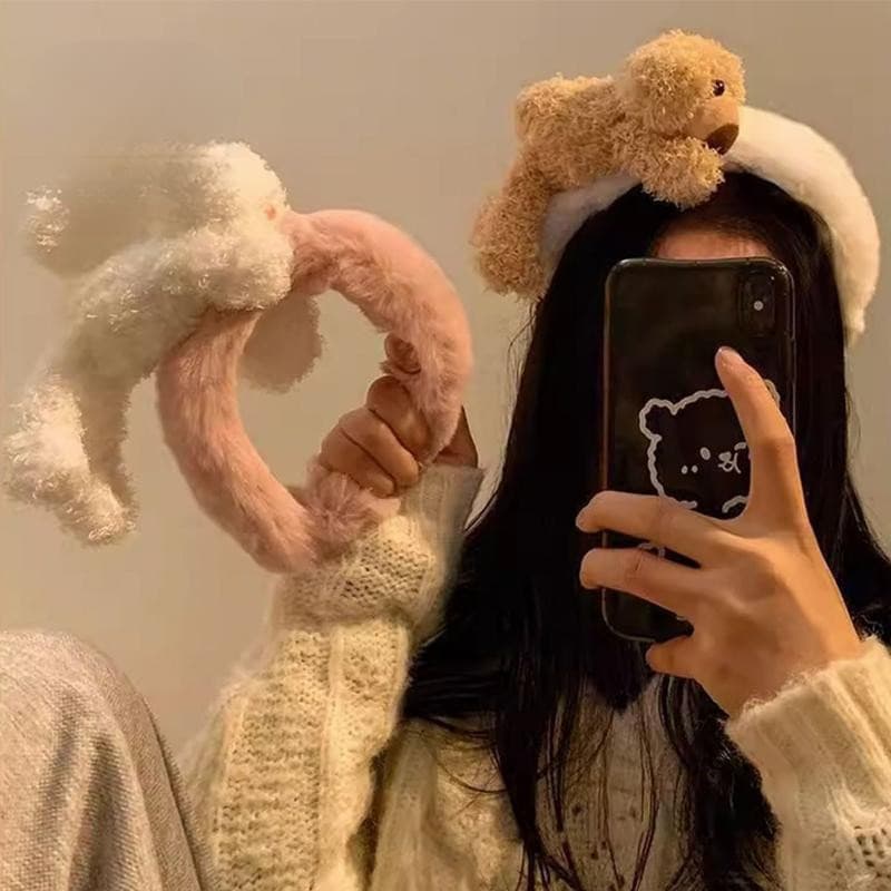 Faixa de Cabelo de Urso de Pelúcia Fofa para Meninas, Faixa de Cabelo Larga de Desenho Animado, Lavagem de Rosto Doc