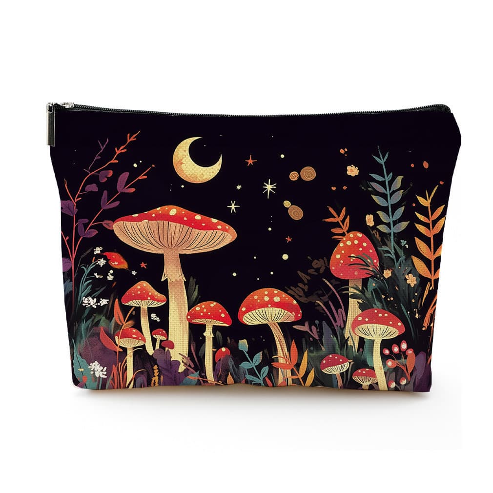 Série resistente a manchas com estampa de cogumelos encantadora, bolsa de maquiagem impermeável de algodão e linho, excl