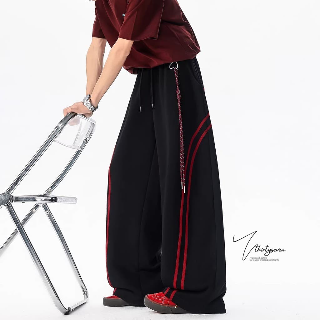 Americano Retro baggy listrado contraste cor Sweatpants masculino calças de perna larga solta Casual calças esportivas f
