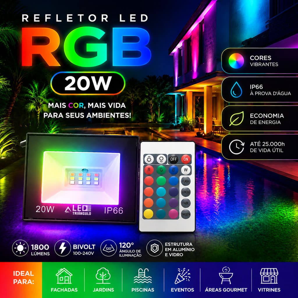 REFLETOR LED RGB 20W COLORIDO IP66 À PROVA D'ÁGUA BIVOLT ECONÔMICO ALTA POTÊNCIA EXTERNO DECORATIVO