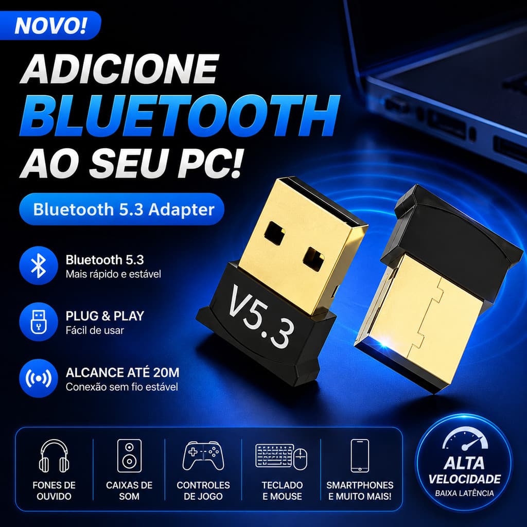 Adaptador Bluetooth 5.3 USB para PC Notebook Áudio Sem Fio Plug Play Alta Velocidade