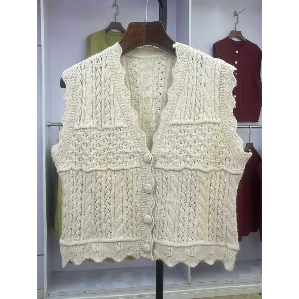 732 colete de malha feminino 2024 outono cor sólida Retro colete camisola Casual colete Cardigan exterior topo