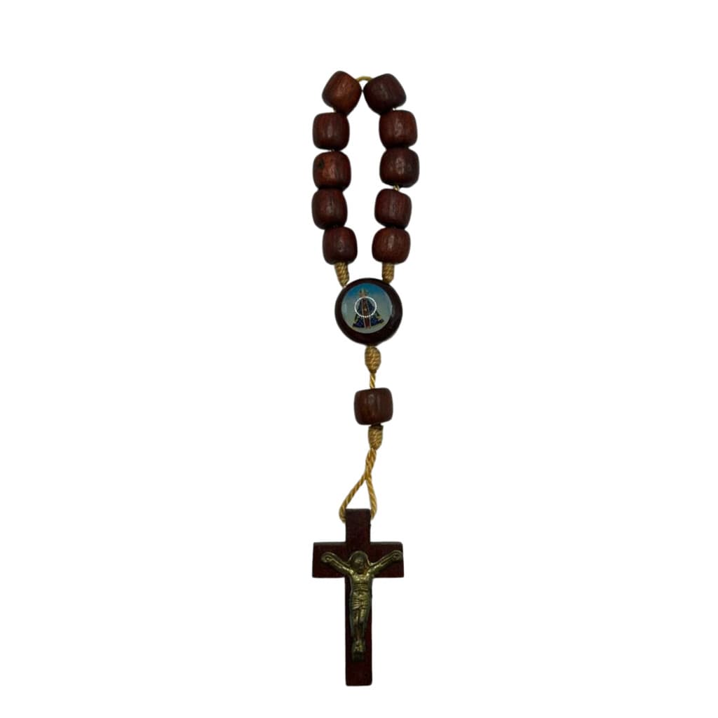 Terço Dezena de Nossa Senhora Aparecida e Sagrado Coração de Jesus em Madeira P - 11cm