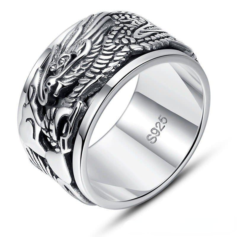 Anel De Prata Esterlina S925 Masculino Com De Dragão Auspicioso Giratório Retrô Rosto Largo Dominar O Dedo Novo Estilo D