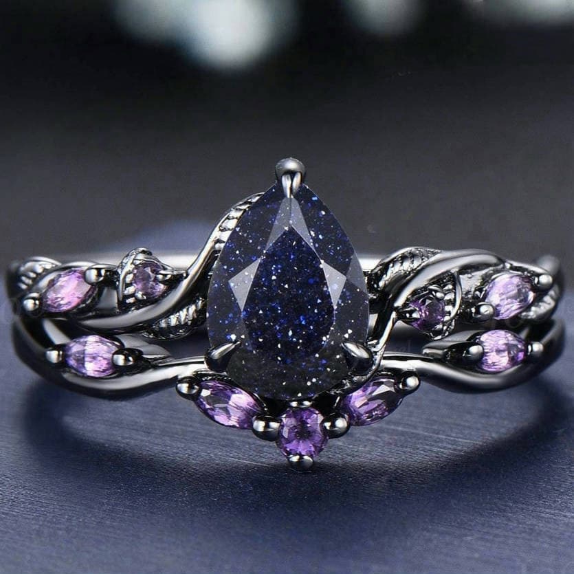 Novo Conjunto De Joias De Galvanoplastia : Gema De Gota De Água De Céu Estrelado Preto Com Tesouro De Cor De Diamante Ro
