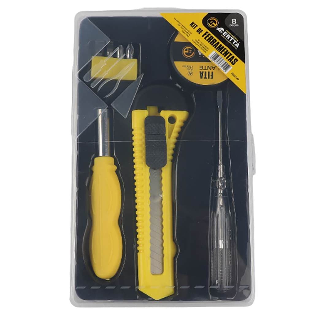 FERRAMENTA KIT 8 PEÇAS - FITA ISOLANTE , CHAVE FENDA/PHILIPS (4 PONTAS INTERCAMBIÁVEIS) ESTILETE E CHAVE TESTE