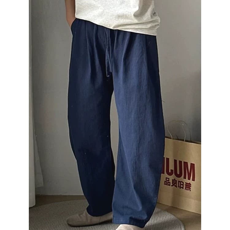 Calças de linho de algodão azul marinho masculino estilo dinheiro antigo solto calças de perna larga Lyocell Tencel linh