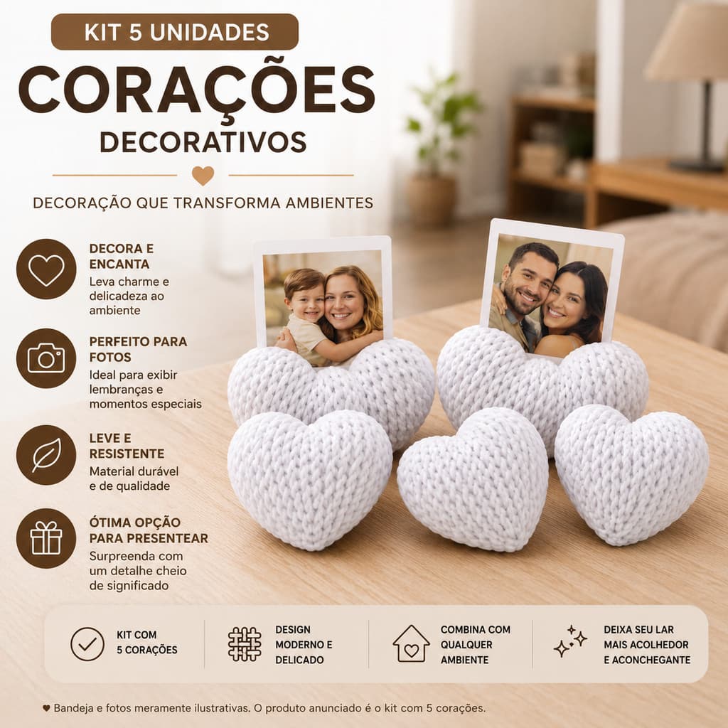 Porta Fotos Coração Tricô Kit 5pçs  -  Porta Recados - Cartão Decorativo Mesa