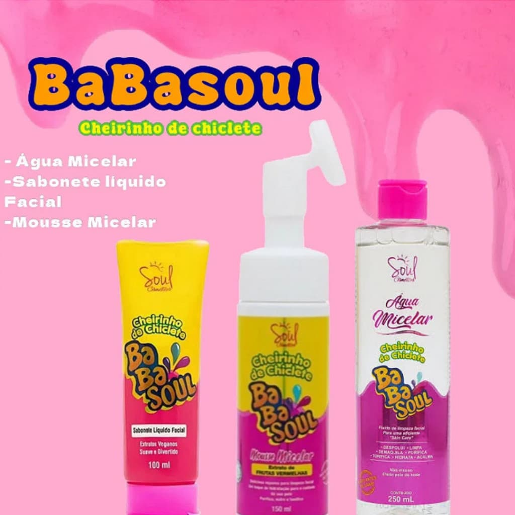 Kit Limpeza Facial Sabonete, Água Micelar e Mousse Micelar Cheirinho de Chiclete Babasoul + Brinde