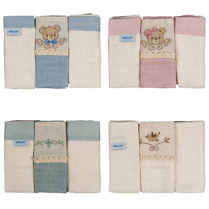 Pano De Boca Com 3 Unidades Para Bebê Com Bordado E Vira 34x40cm - Baby Joy Essência