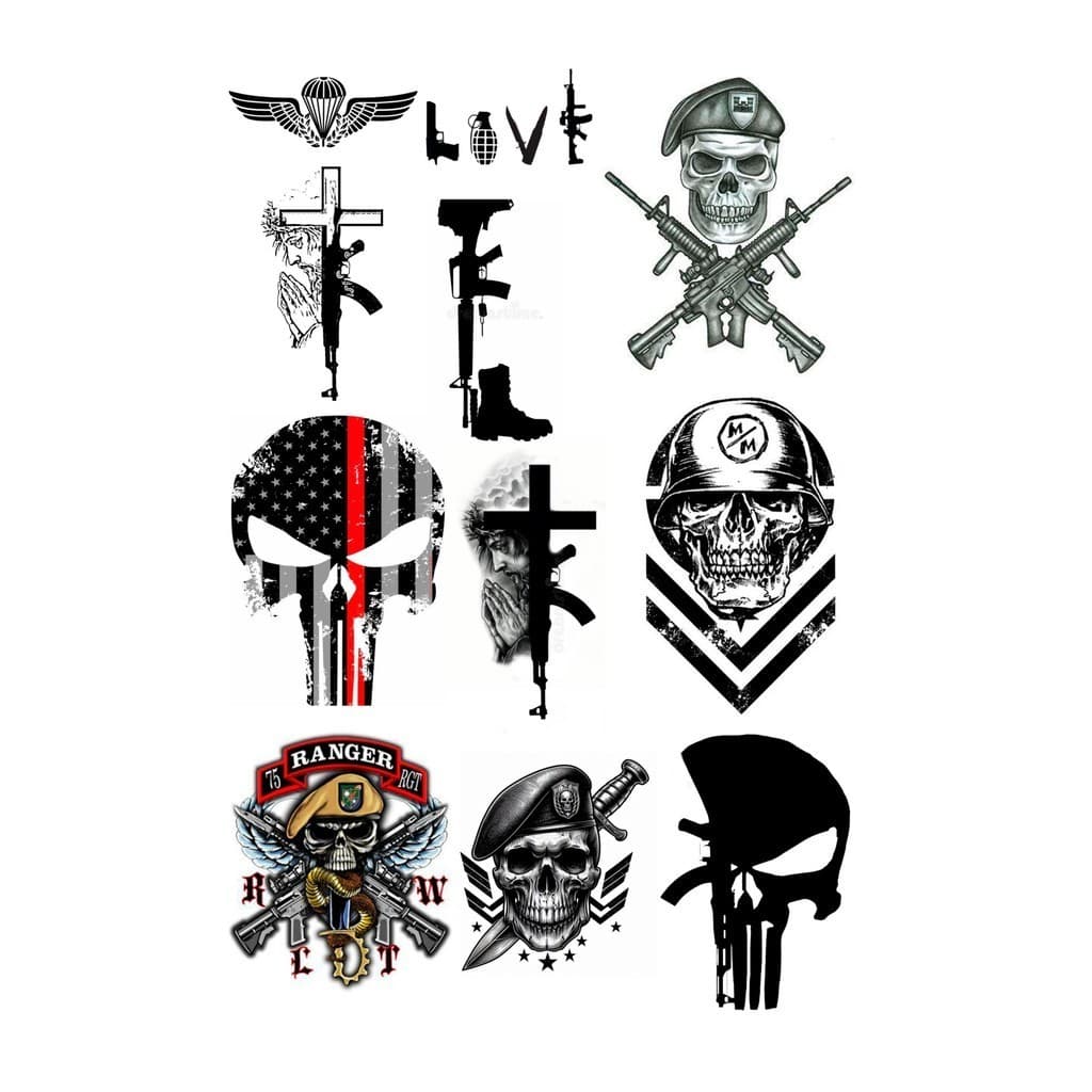 01 Cartela Tatuagem Temporária Militar com 9 Tatuagens