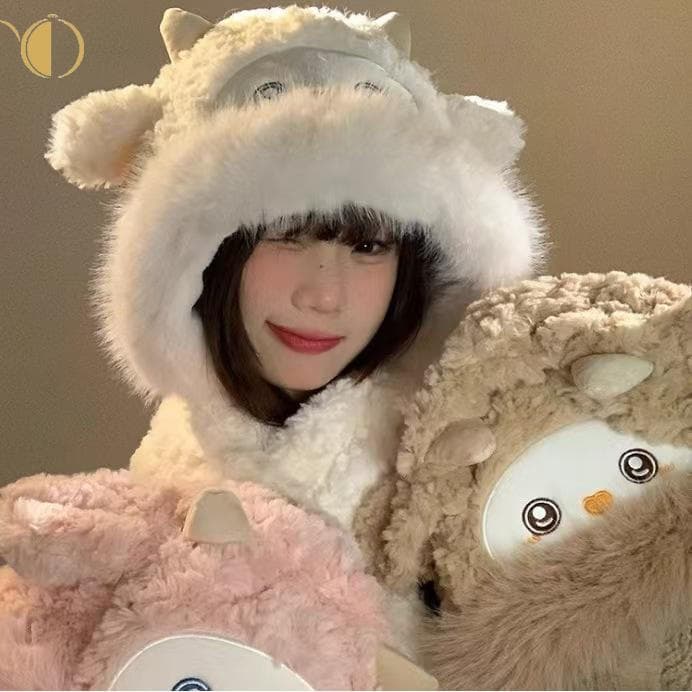 Chapéu De Pelúcia De Ovelha Fofo Para Mulheres – Lenço Quente De Inverno Com Proteção De Ouvido Espessada Integrada