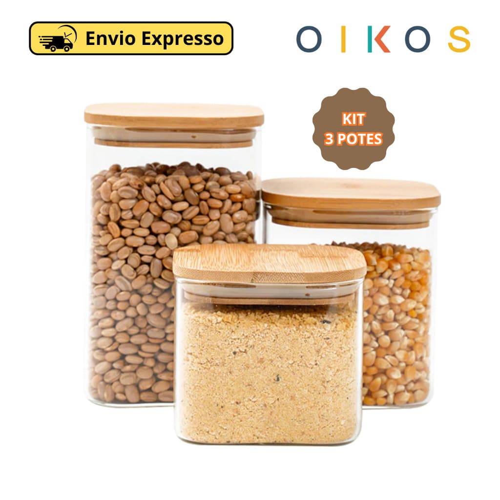 Kit 3 Potes De Vidro Tampa De Bambu Herméticos Quadrados OIKOS