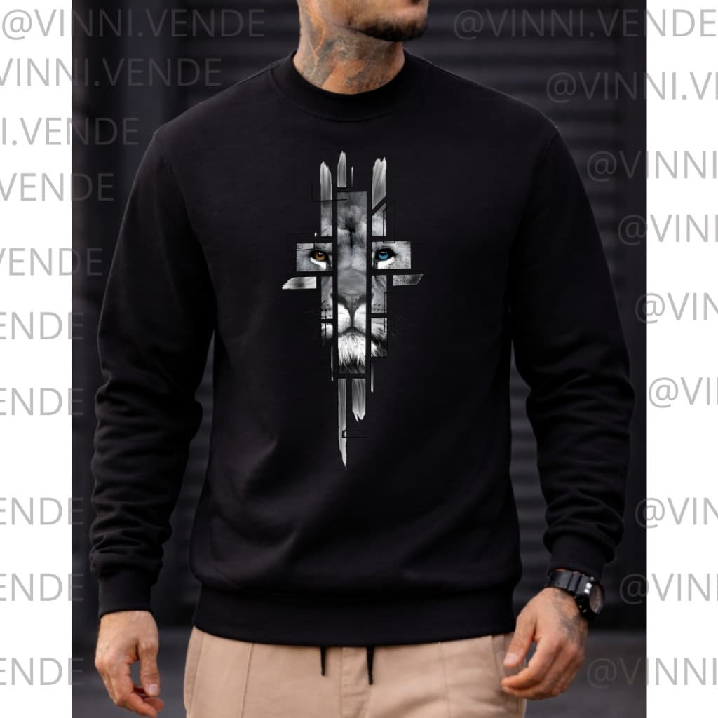 Moletom Masculino Bege Leão Geométrico Estiloso Streetwear Algodão Conforto Premium Top