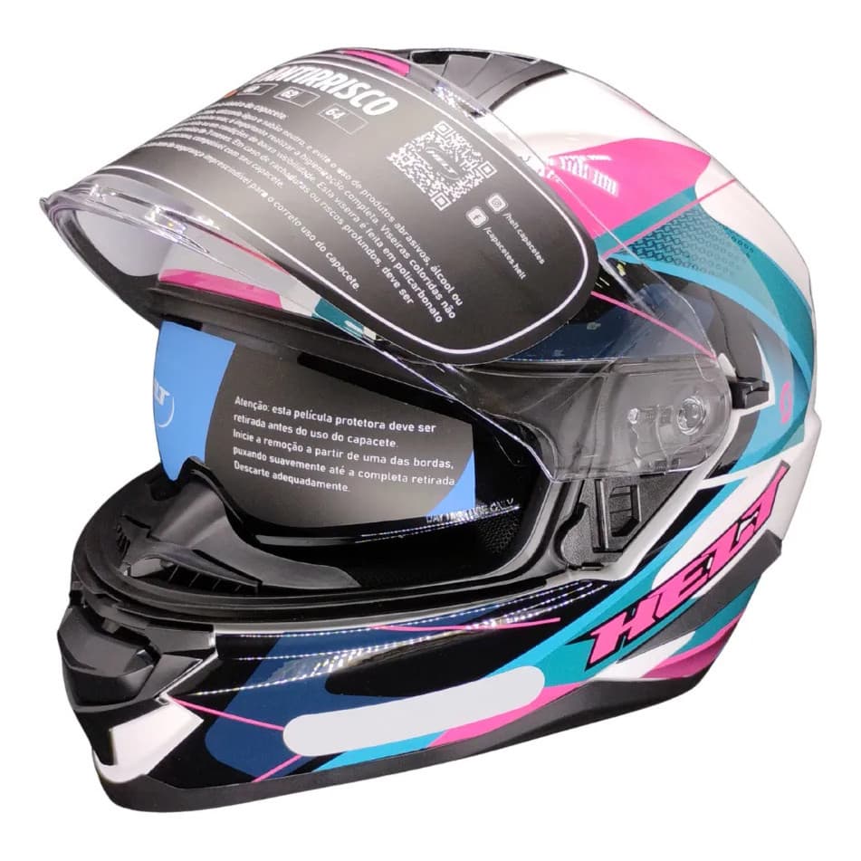 Capacete Integral Tamanho 58 Helt Tracker Glass Shild Branco Rosa Azul