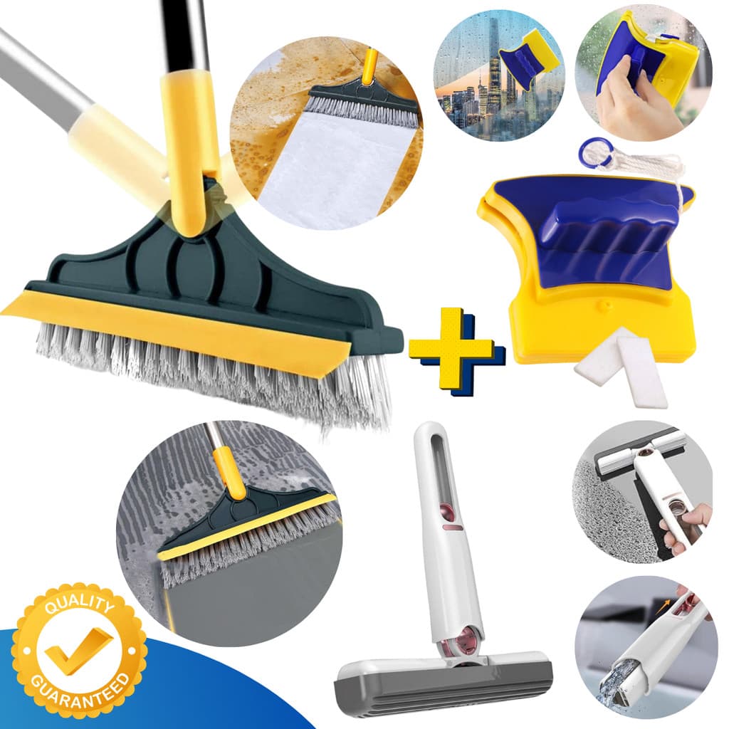 Escova Esfregão Limpeza 2x1 Vassoura Rodo Banheiro Box + Limpa Vidros Magnético + Mini MOP MULTIUSO
