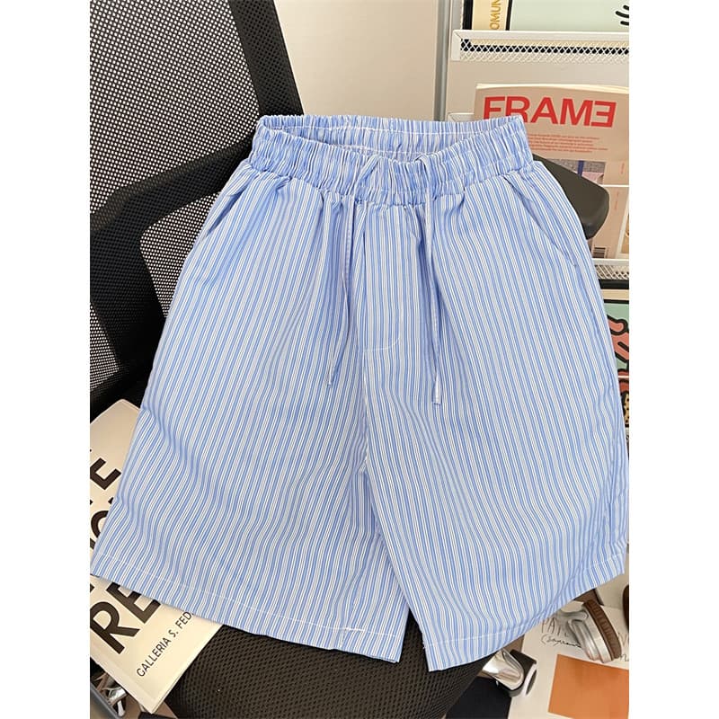 Azul listrado praia Shorts masculino feminino verão solto Casual cordão calças à beira-mar férias casal calças de cinco