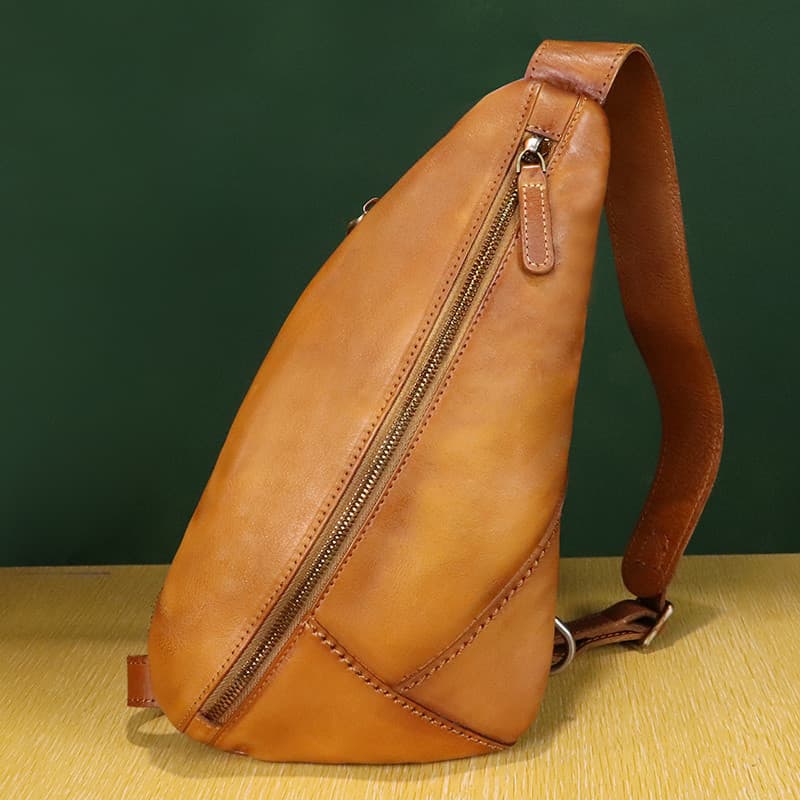Bolsa de peito masculina de couro genuíno Retro bolsa de couro artesanal bolsa de ombro mensageiro primeira camada de co