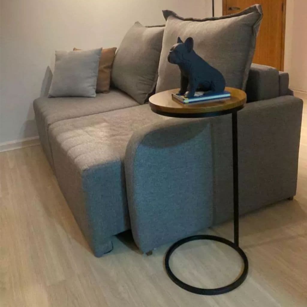 Mesa Apoio Dot 70 cm com Tampo Madeira e Base Aço Carbono Industrial Luxo