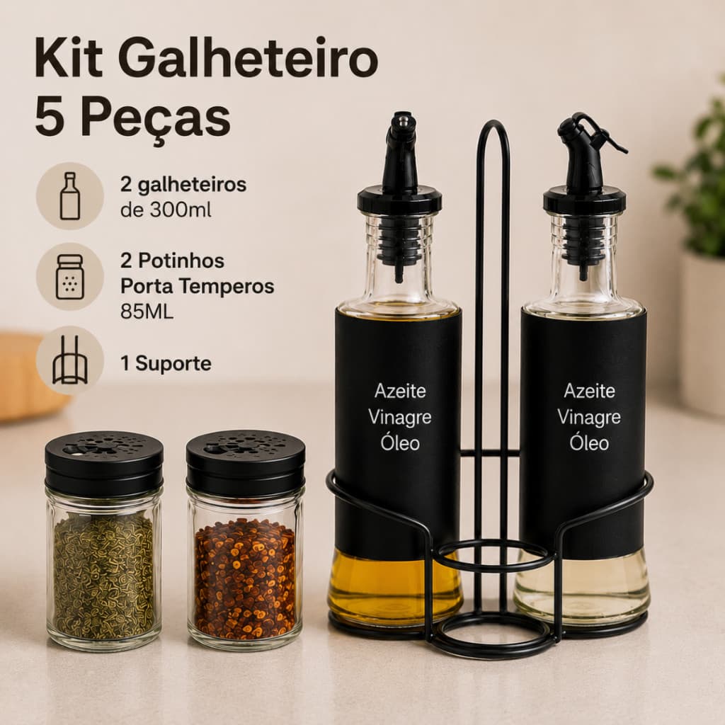 Kit Galheteiro 5 Peças Vidro Porta Azeite Vinagre Bico Dosador + Potes Porta Temperos Com Suporte