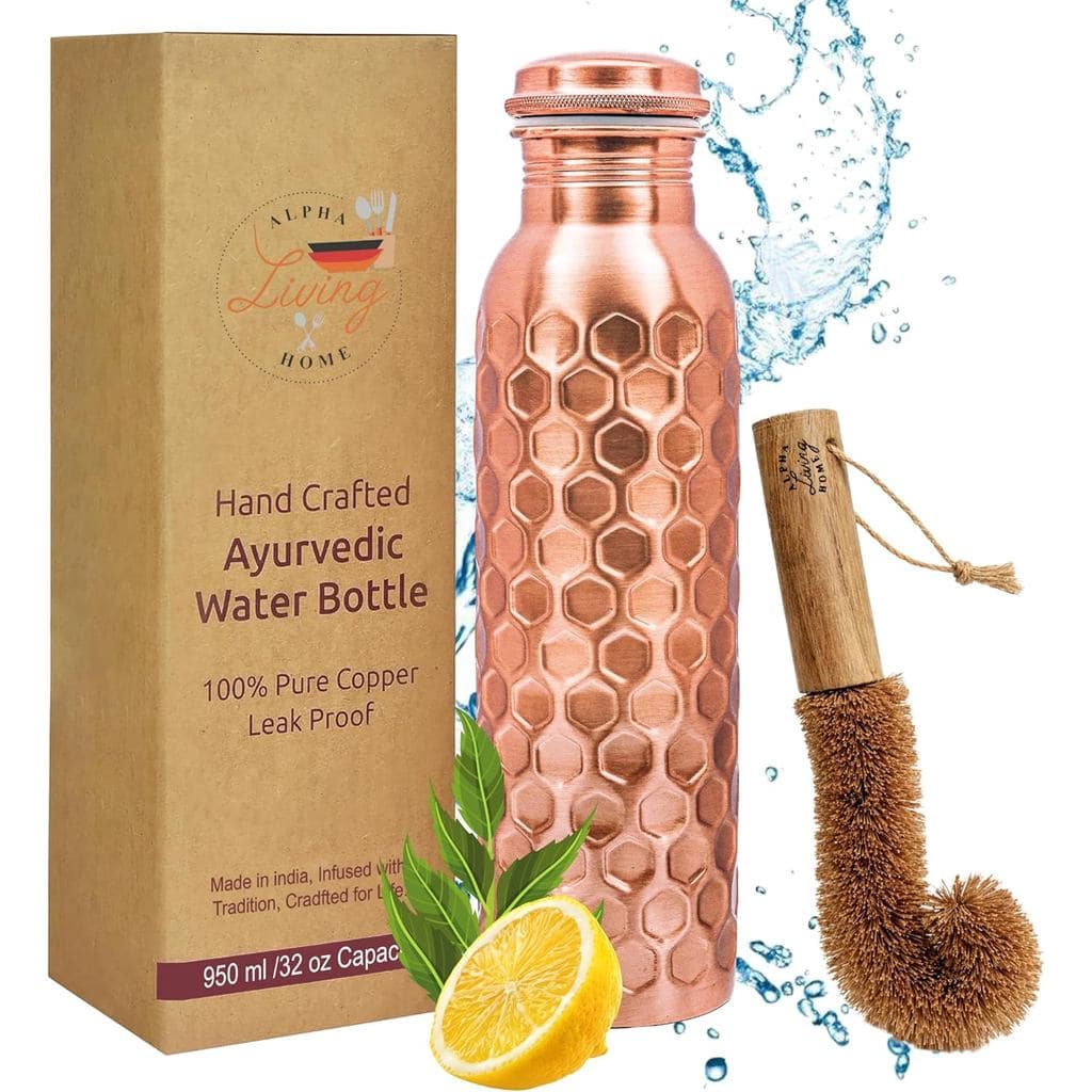 Garrafa de água de cobre de 32 onças extra grande, garrafa de cobre real para beber, garrafa ayurvédica com estrutura de