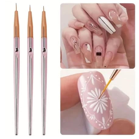 Kit com 3 Pinceis Fino para Decoração Unha Nail Art Rose Perolado