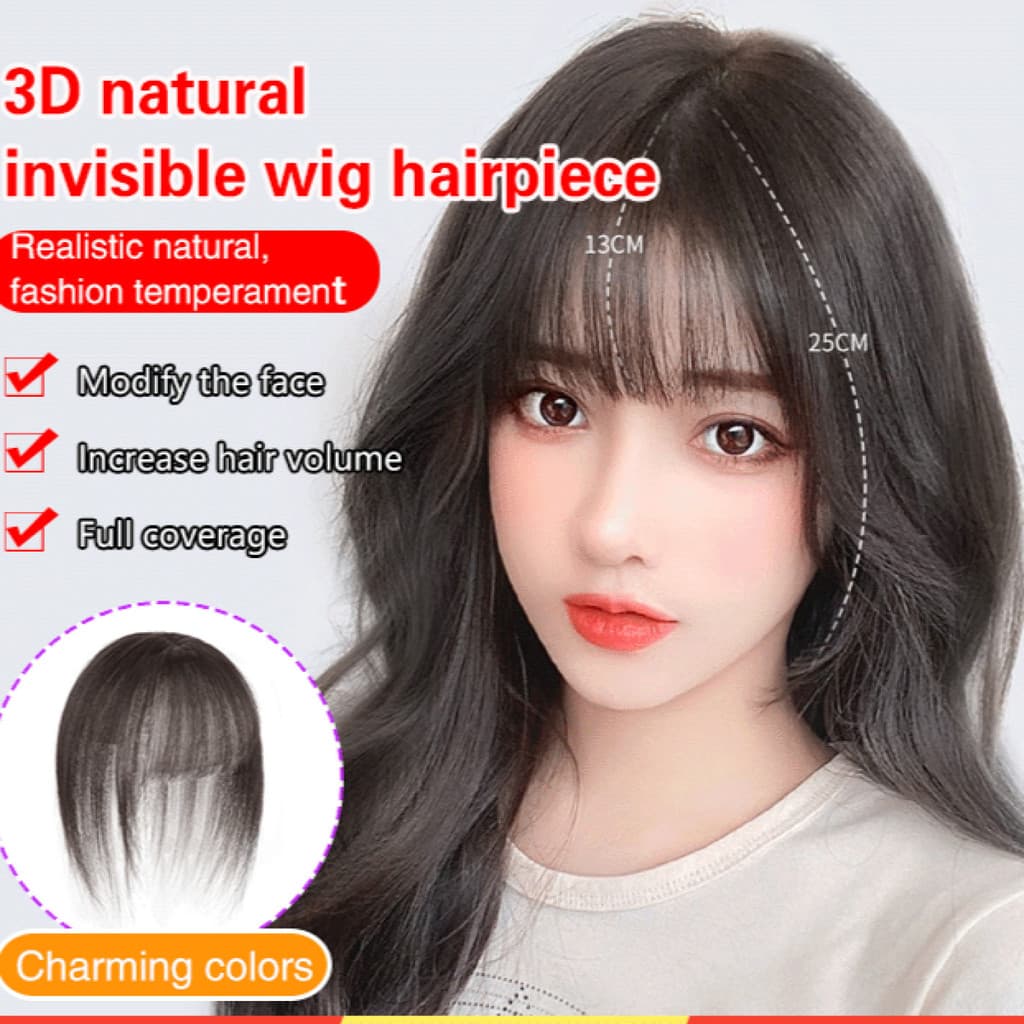 Peruca 3D com franja artificial branca, natural e invisível, simulando franja falsa.